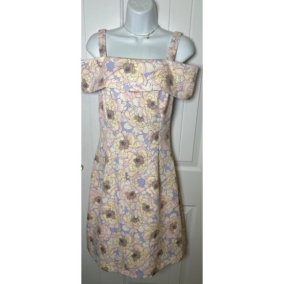 Belle Badgley Mischka Nori Off Shoulder Floral Scuba Dress, Lilac Multi, Size 0 - Picture 4 of 10